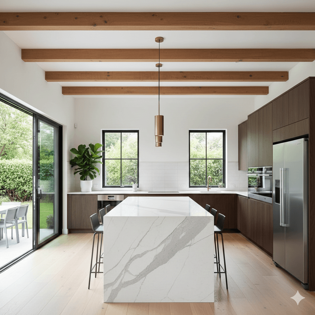 Beamed ceiling modern kitchen