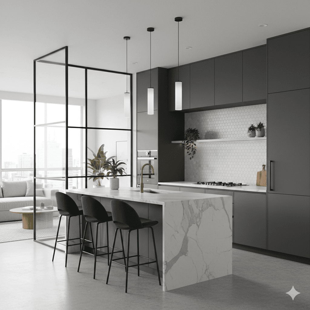 Glass-partitioned open kitchen