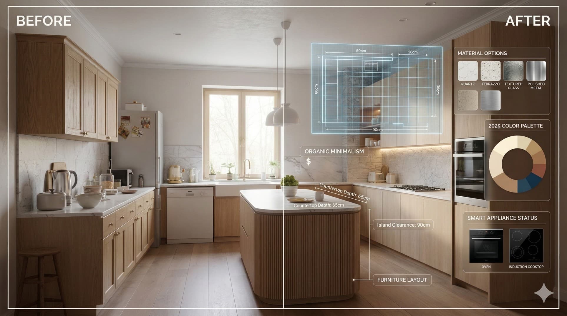 A modern kitchen being redesigned by artificial intelligence