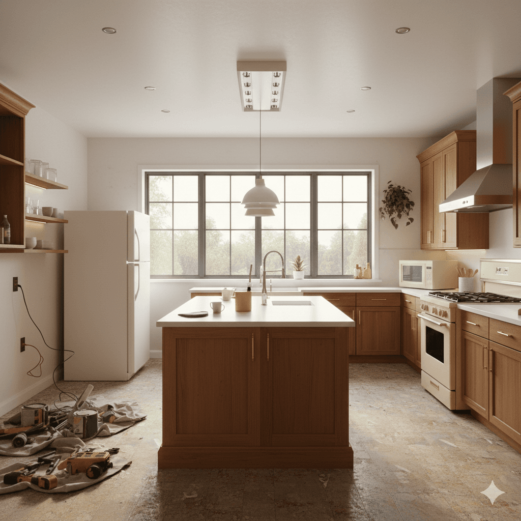Modern Japandi kitchen with light oak cabinets, white quartz countertops, and recessed LED lighting