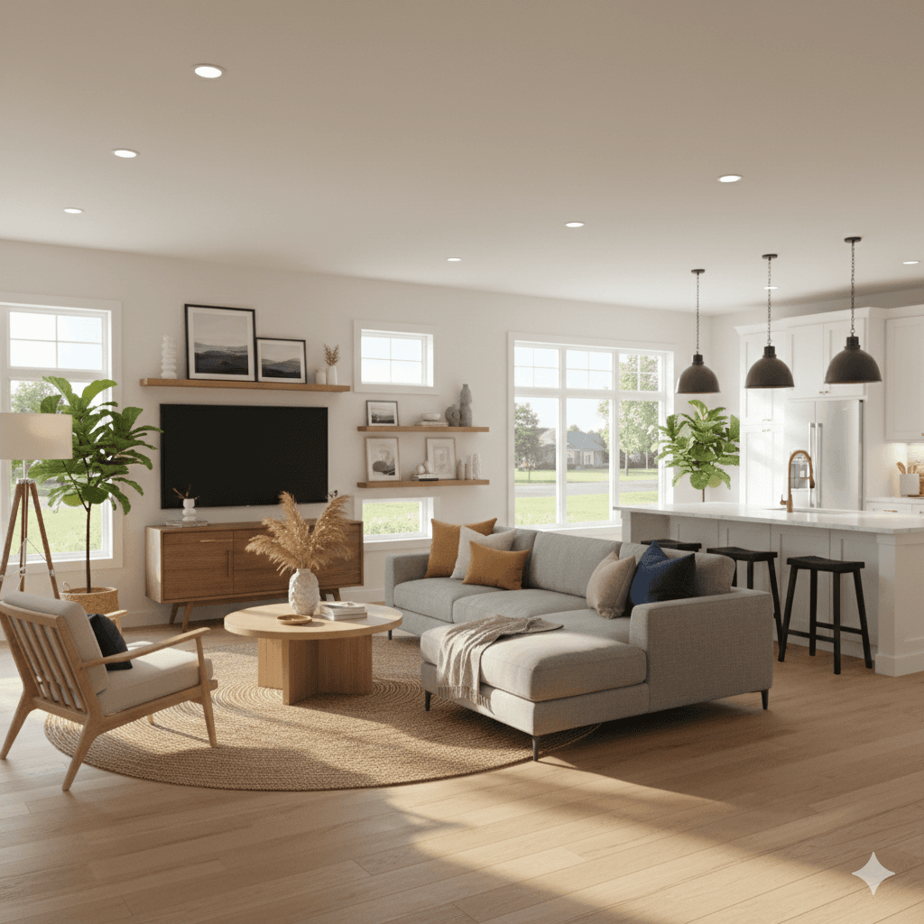 AI-designed living room with modern furniture and smart layout