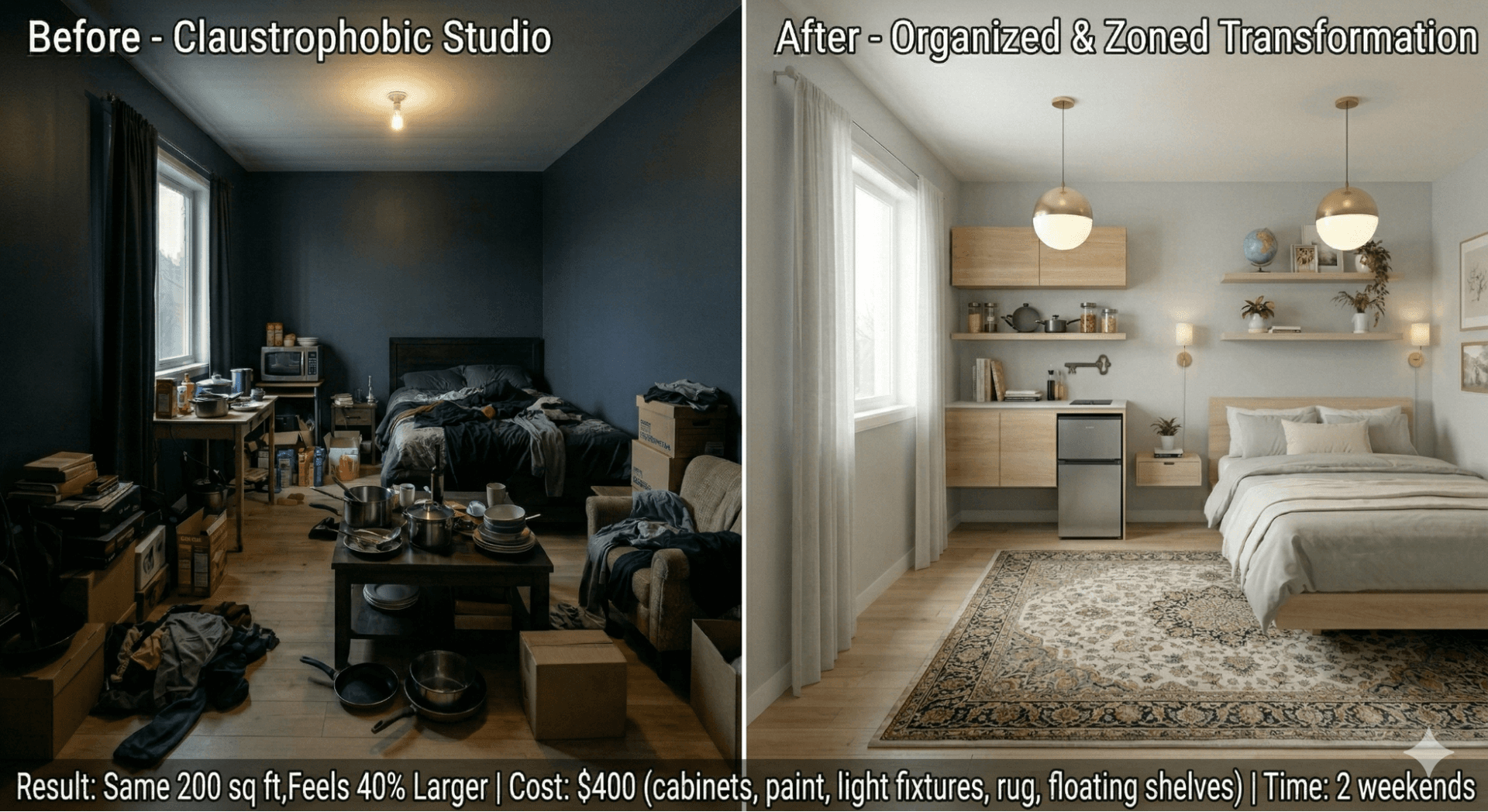 Before and after small kitchen bedroom showing cluttered space versus organized layout