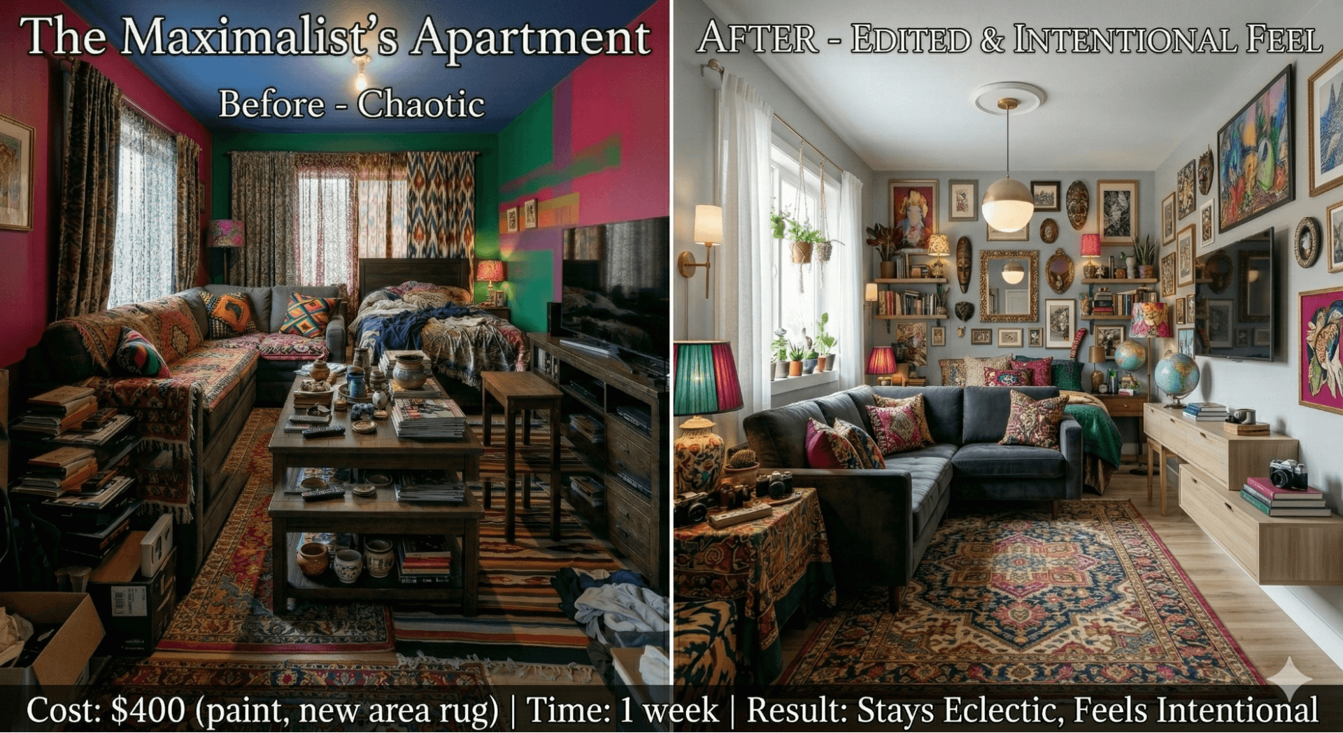 Before and after apartment design showing chaotic maximalism versus refined and organized design