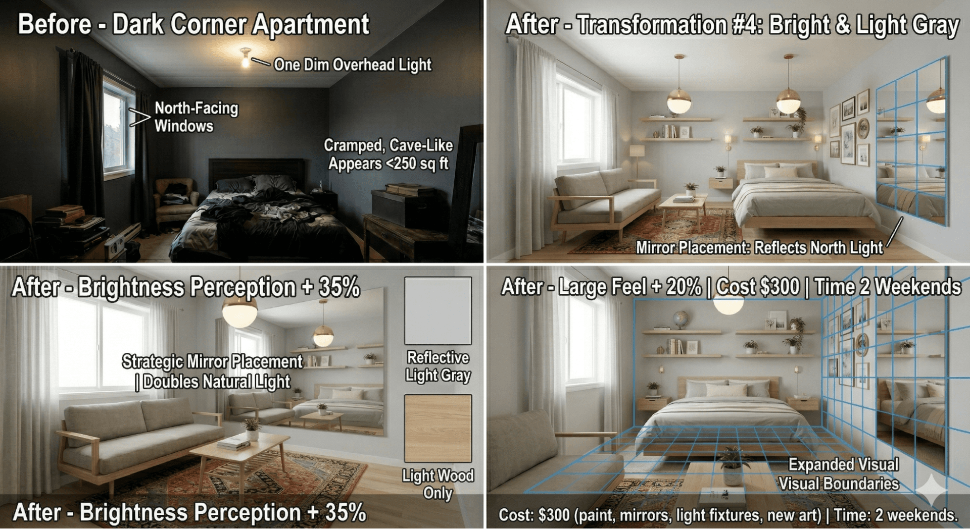 dark north-facing apartment transformed with light gray walls, mirrors, and layered lighting