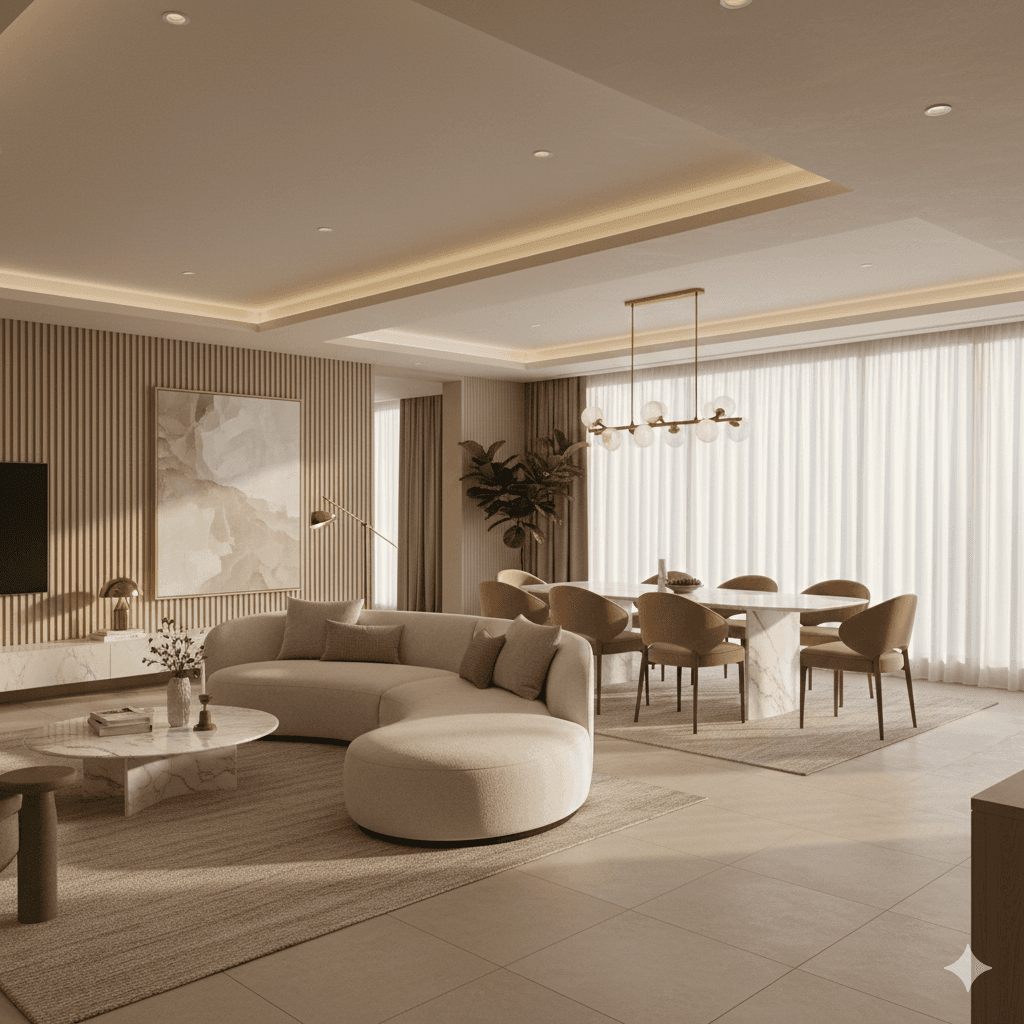 AI interior design transformation showing a before-and-after of a cold minimalist living room converted into a soft luxury space with warm neutral tones and curved furniture